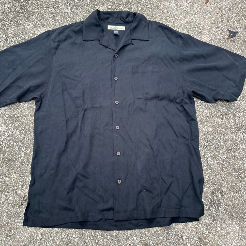 Tommy Bahama Barefoot Bar Silk Camp Shirt Mens Medium Black Flamingo Embroidered